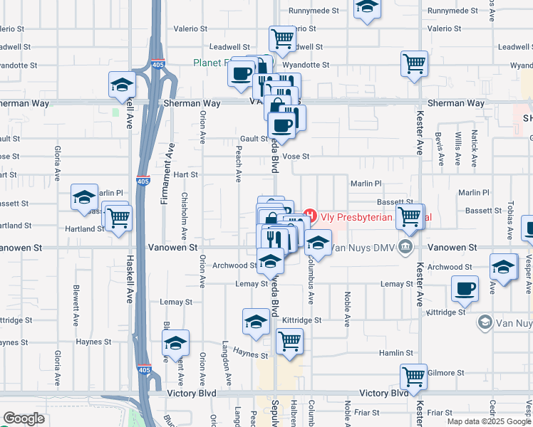 map of restaurants, bars, coffee shops, grocery stores, and more near 6861 Sepulveda Boulevard in Los Angeles