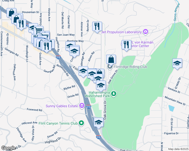 map of restaurants, bars, coffee shops, grocery stores, and more near 168 Lamour Drive in La Cañada Flintridge