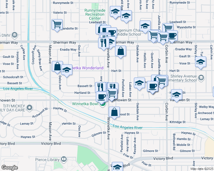 map of restaurants, bars, coffee shops, grocery stores, and more near 6863 Winnetka Avenue in Los Angeles