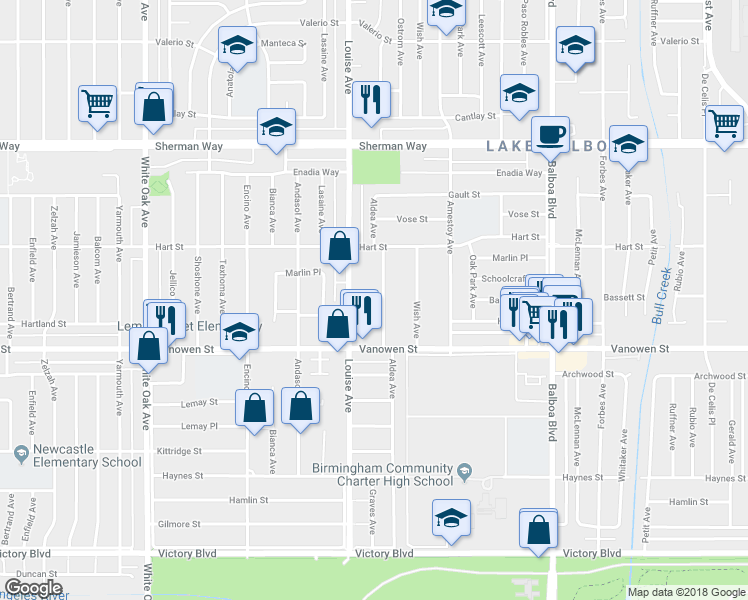 map of restaurants, bars, coffee shops, grocery stores, and more near 6855 Aldea Avenue in Los Angeles