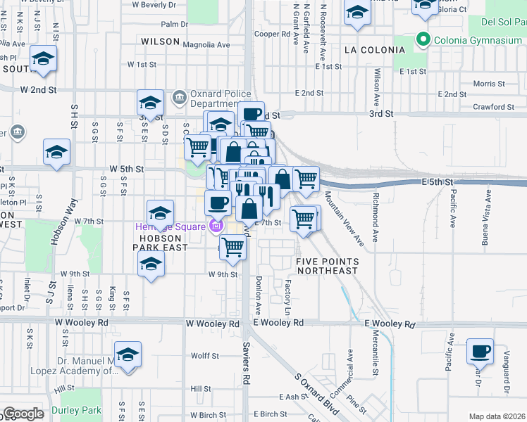 map of restaurants, bars, coffee shops, grocery stores, and more near 633 Meta Street in Oxnard