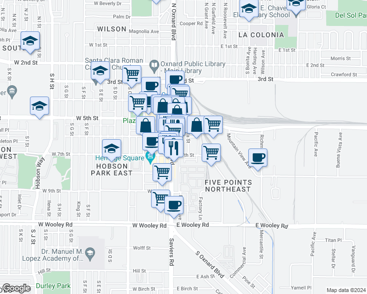 map of restaurants, bars, coffee shops, grocery stores, and more near 633 Meta Street in Oxnard