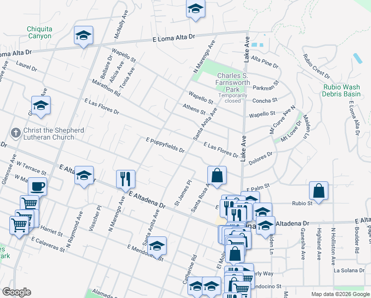 map of restaurants, bars, coffee shops, grocery stores, and more near 483 East Poppyfields Drive in Altadena