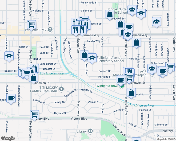 map of restaurants, bars, coffee shops, grocery stores, and more near 6868 Delco Avenue in Los Angeles