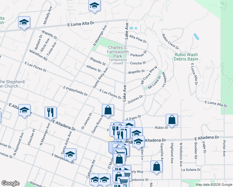 map of restaurants, bars, coffee shops, grocery stores, and more near 3000 Santa Rosa Avenue in Altadena