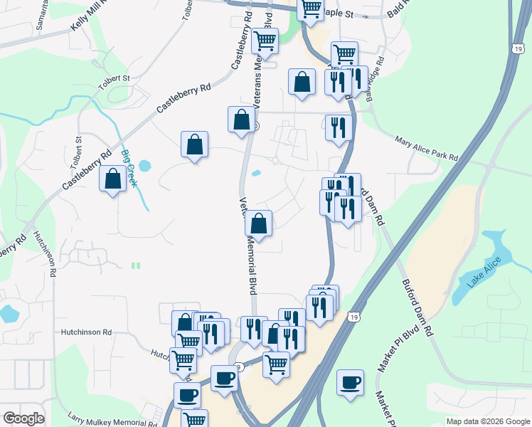 map of restaurants, bars, coffee shops, grocery stores, and more near 594 Veterans Memorial Boulevard in Cumming