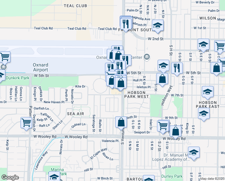 map of restaurants, bars, coffee shops, grocery stores, and more near 649 South Ventura Road in Oxnard