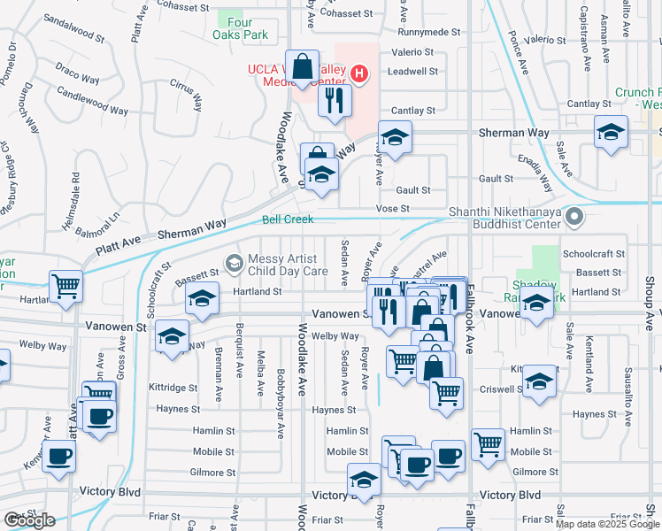 map of restaurants, bars, coffee shops, grocery stores, and more near 6929 Dannyboyar Avenue in Los Angeles