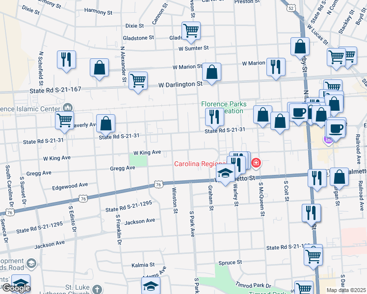 map of restaurants, bars, coffee shops, grocery stores, and more near 705 West King Avenue in Florence