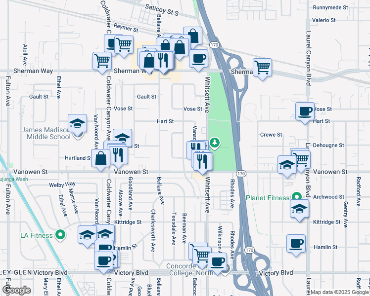 map of restaurants, bars, coffee shops, grocery stores, and more near 6864 Babcock Avenue in Los Angeles