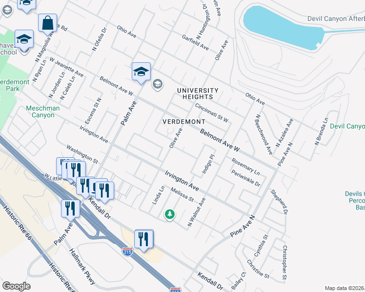map of restaurants, bars, coffee shops, grocery stores, and more near 2814 Shepherd Lane in San Bernardino