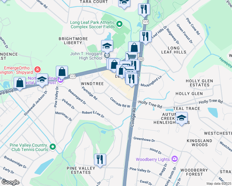 map of restaurants, bars, coffee shops, grocery stores, and more near 4514 Holly Tree Road in Wilmington