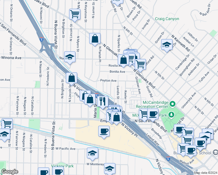 map of restaurants, bars, coffee shops, grocery stores, and more near in Burbank