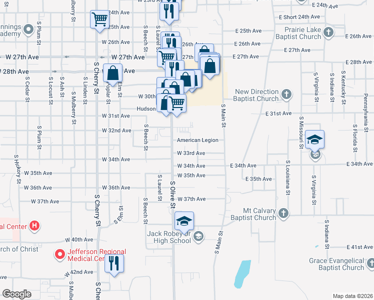 map of restaurants, bars, coffee shops, grocery stores, and more near 301 West 33rd Avenue in Pine Bluff