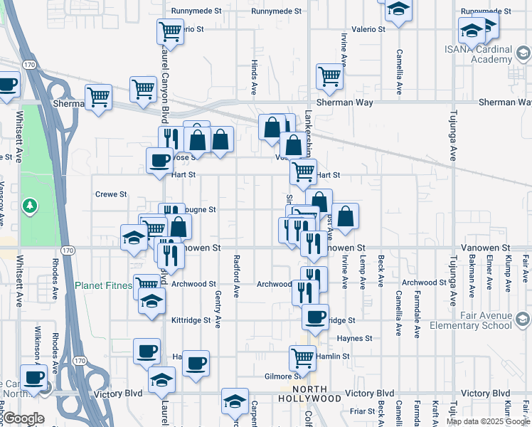 map of restaurants, bars, coffee shops, grocery stores, and more near 6861 Morella Avenue in Los Angeles