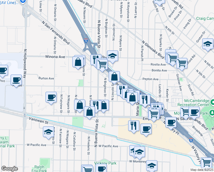 map of restaurants, bars, coffee shops, grocery stores, and more near 2200 North Brighton Street in Burbank