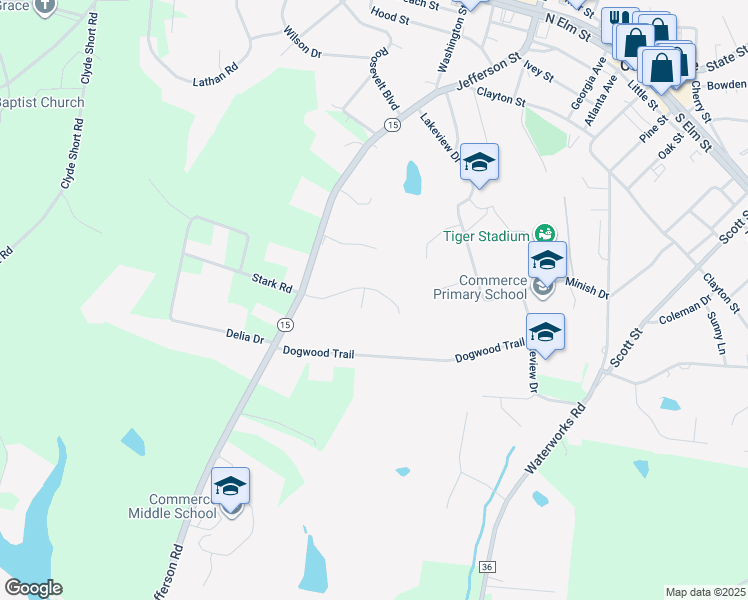 map of restaurants, bars, coffee shops, grocery stores, and more near 244 Magnolia Place in Commerce