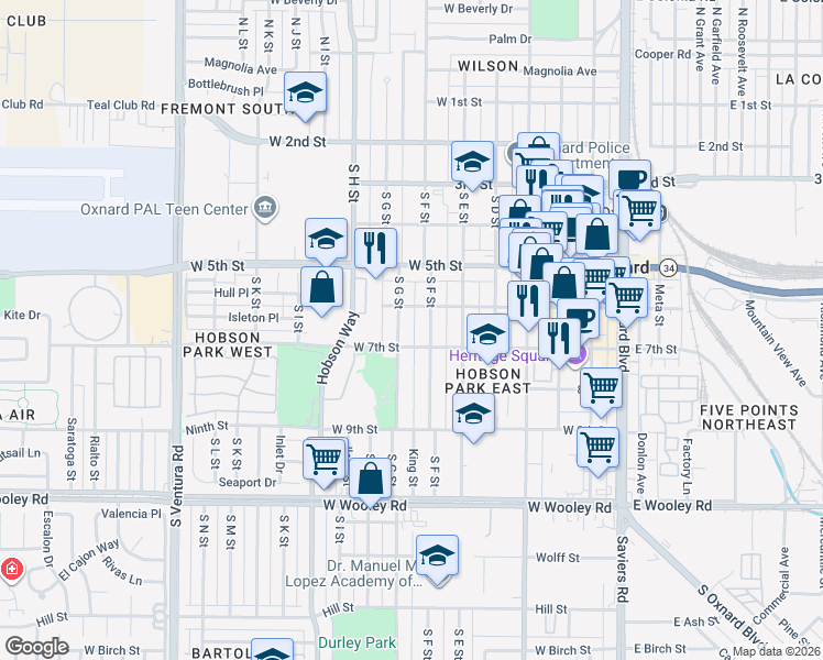 map of restaurants, bars, coffee shops, grocery stores, and more near 635 South G Street in Oxnard