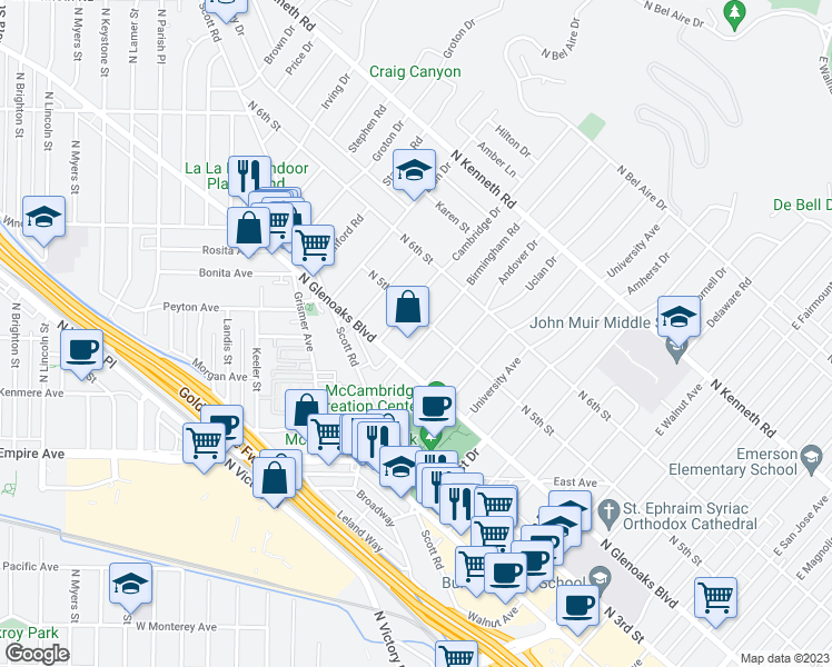 map of restaurants, bars, coffee shops, grocery stores, and more near 429 Birmingham Road in Burbank