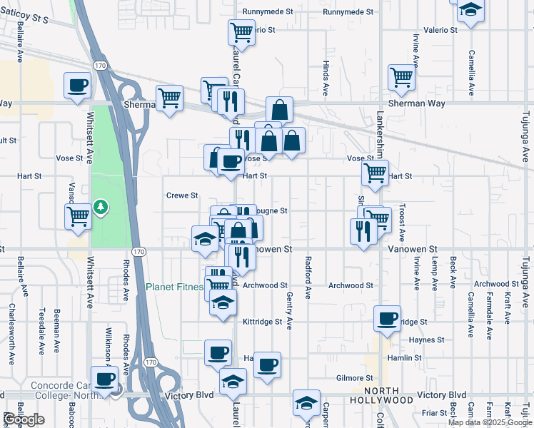 map of restaurants, bars, coffee shops, grocery stores, and more near 6857 Ben Avenue in Los Angeles
