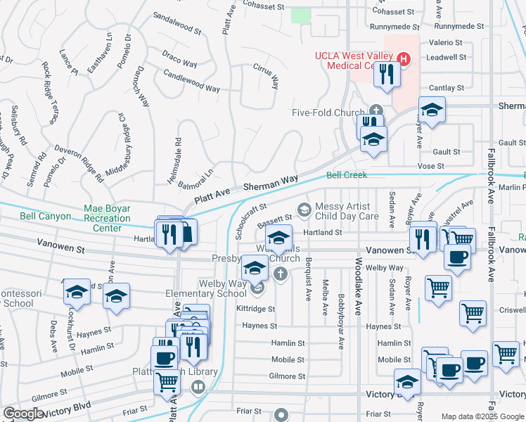 map of restaurants, bars, coffee shops, grocery stores, and more near 23388 Schoolcraft Street in Los Angeles