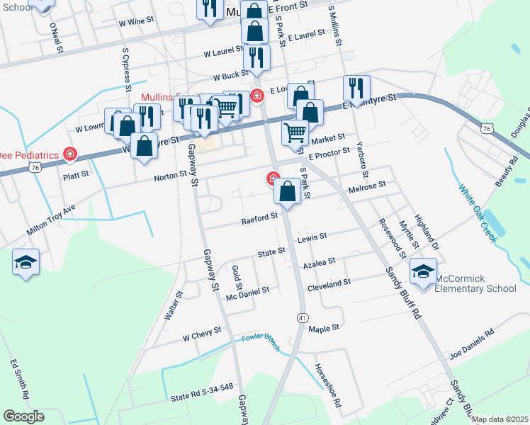 map of restaurants, bars, coffee shops, grocery stores, and more near 26 Raeford Street in Mullins