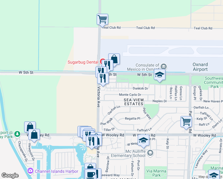 map of restaurants, bars, coffee shops, grocery stores, and more near 3752 Dunkirk Drive in Oxnard