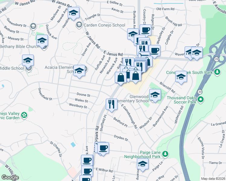 map of restaurants, bars, coffee shops, grocery stores, and more near 1334 Newport Circle in Thousand Oaks