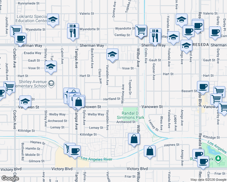 map of restaurants, bars, coffee shops, grocery stores, and more near 19025 Bassett Street in Los Angeles