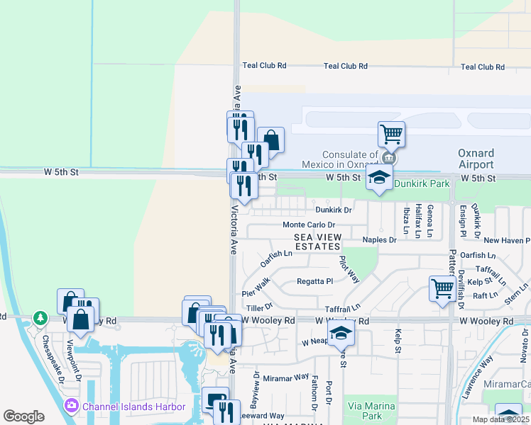 map of restaurants, bars, coffee shops, grocery stores, and more near 3754 Dunkirk Drive in Oxnard