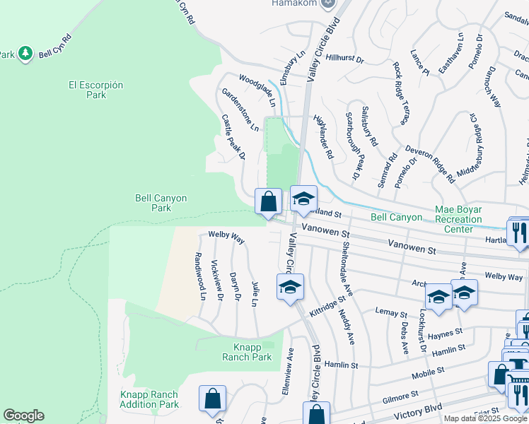 map of restaurants, bars, coffee shops, grocery stores, and more near 6800 Sunset Ridge Court in Los Angeles