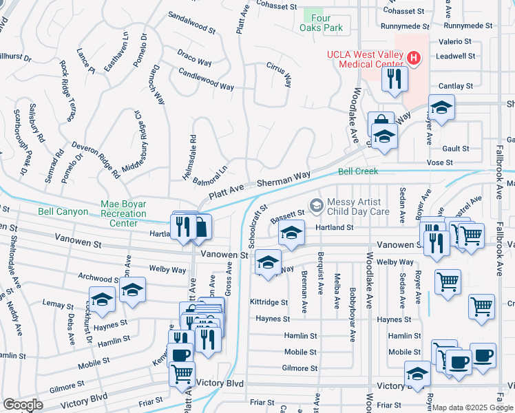 map of restaurants, bars, coffee shops, grocery stores, and more near 23395 Schoolcraft Street in Los Angeles