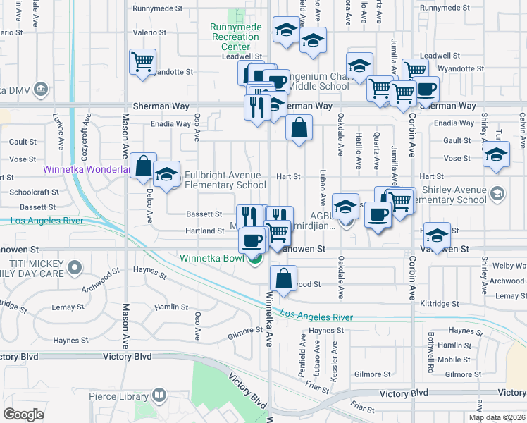 map of restaurants, bars, coffee shops, grocery stores, and more near 6863 Winnetka Avenue in Los Angeles