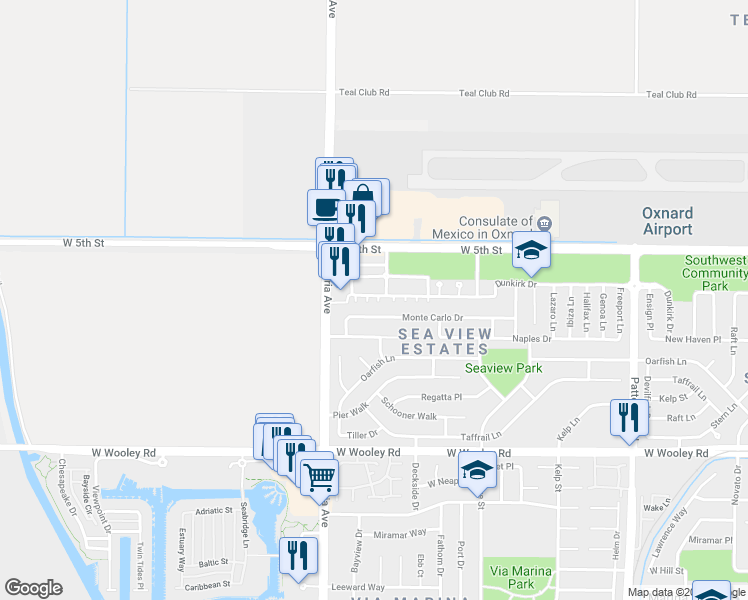 map of restaurants, bars, coffee shops, grocery stores, and more near 3748 Dunkirk Drive in Oxnard