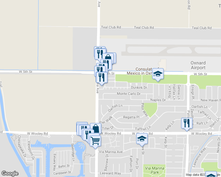 map of restaurants, bars, coffee shops, grocery stores, and more near 3754 Dunkirk Drive in Oxnard