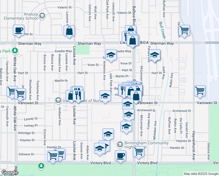 map of restaurants, bars, coffee shops, grocery stores, and more near 6901 Oak Park Avenue in Los Angeles
