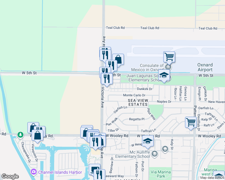 map of restaurants, bars, coffee shops, grocery stores, and more near 3766 Dunkirk Drive in Oxnard