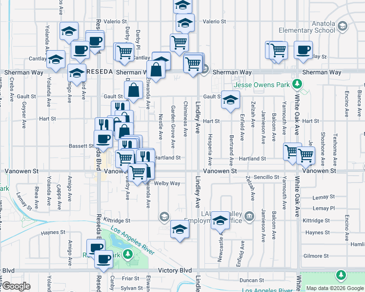 map of restaurants, bars, coffee shops, grocery stores, and more near 6901 Chimineas Avenue in Los Angeles