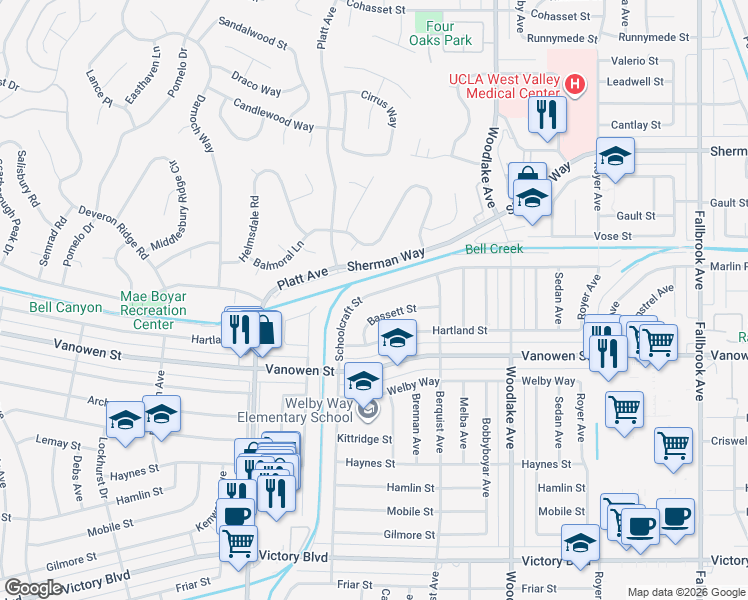 map of restaurants, bars, coffee shops, grocery stores, and more near 23388 Schoolcraft Street in Los Angeles