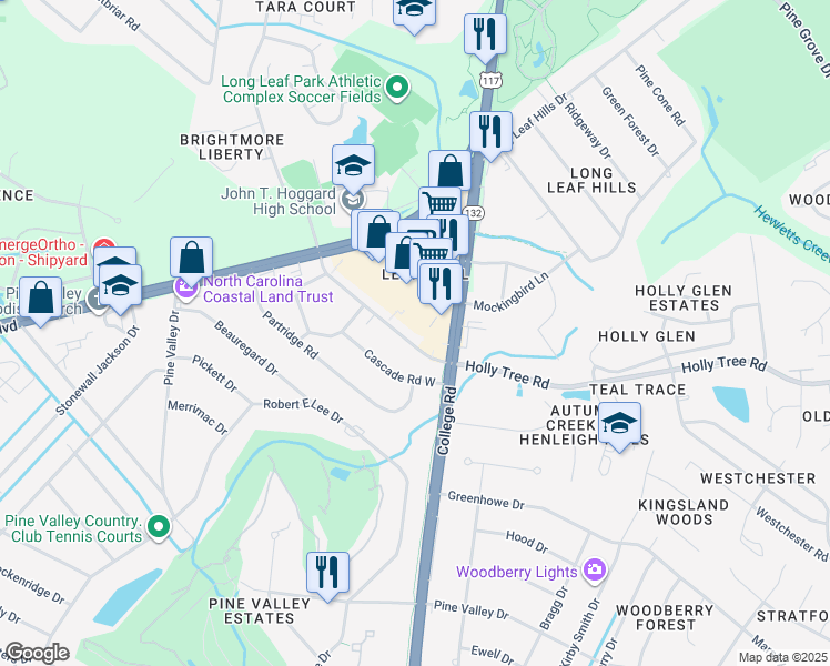 map of restaurants, bars, coffee shops, grocery stores, and more near 4561 Holly Tree Road in Wilmington
