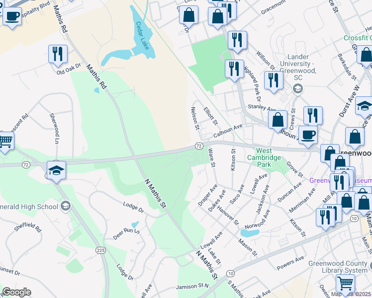 map of restaurants, bars, coffee shops, grocery stores, and more near 605-699 W Cambridge Ave in Greenwood