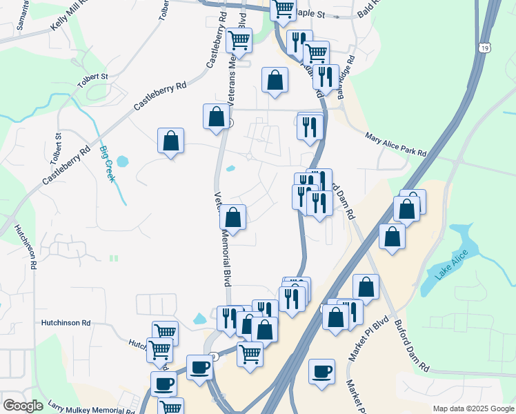 map of restaurants, bars, coffee shops, grocery stores, and more near 161 Basil Street in Cumming