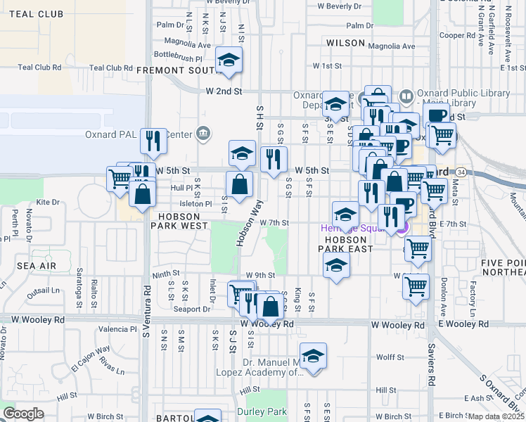map of restaurants, bars, coffee shops, grocery stores, and more near 831 West 7th Street in Oxnard