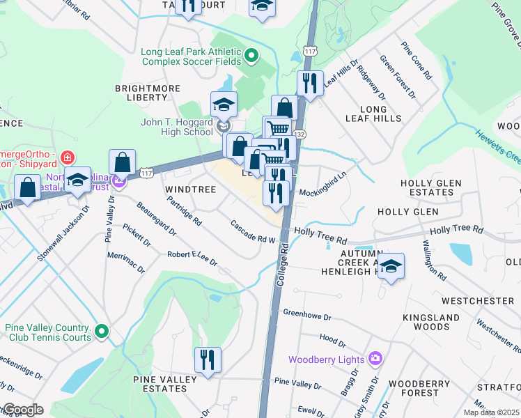 map of restaurants, bars, coffee shops, grocery stores, and more near 4555 Holly Tree Road in Wilmington