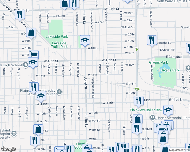map of restaurants, bars, coffee shops, grocery stores, and more near 1311 Houston Street in Plainview