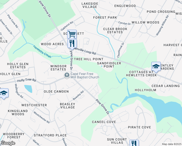 map of restaurants, bars, coffee shops, grocery stores, and more near 503 Crooked Creek Road in Wilmington