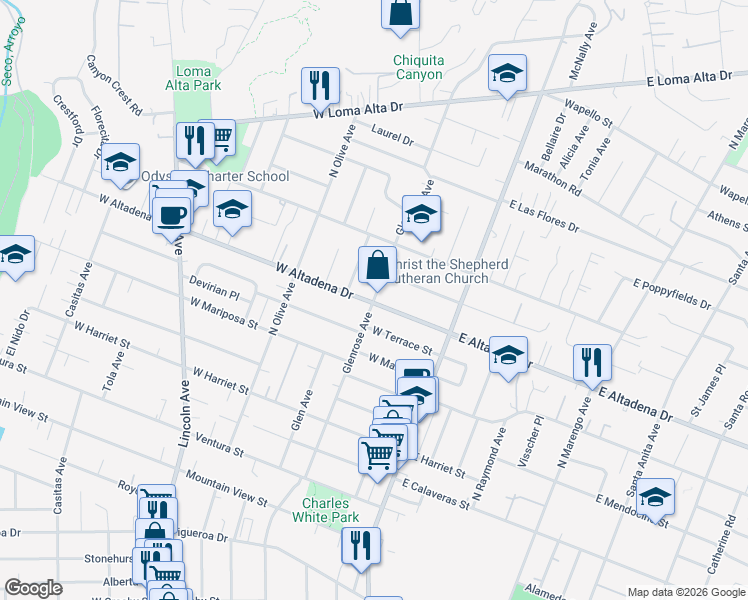 map of restaurants, bars, coffee shops, grocery stores, and more near 2733 Glenrose Avenue in Altadena