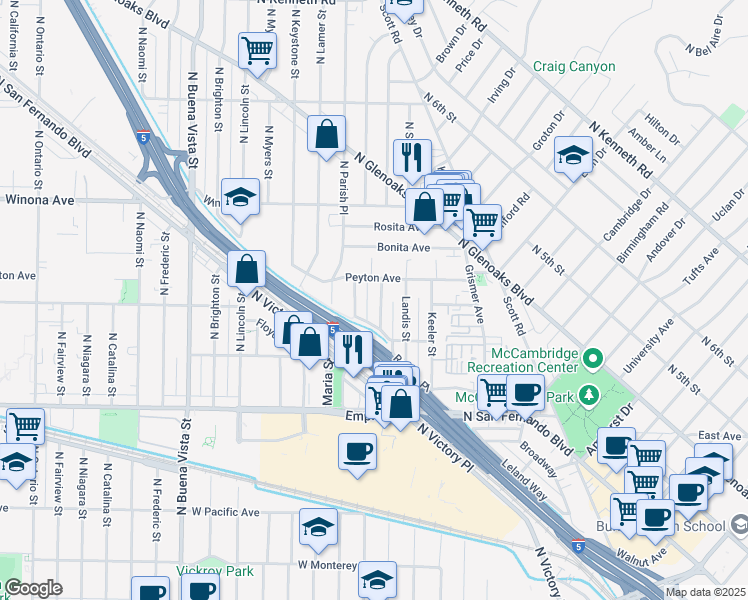 map of restaurants, bars, coffee shops, grocery stores, and more near in Burbank