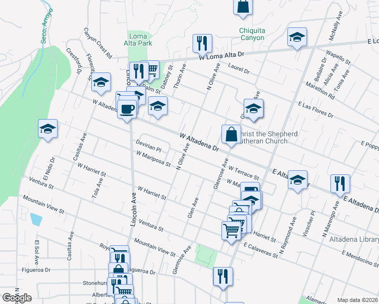 map of restaurants, bars, coffee shops, grocery stores, and more near 321 West Terrace Street in Altadena