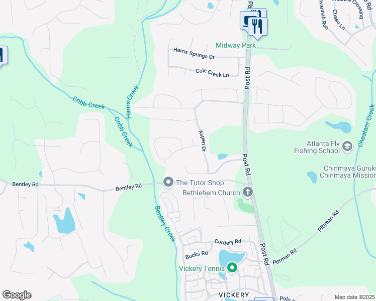 map of restaurants, bars, coffee shops, grocery stores, and more near 5925 Pine Bluff Drive in Cumming